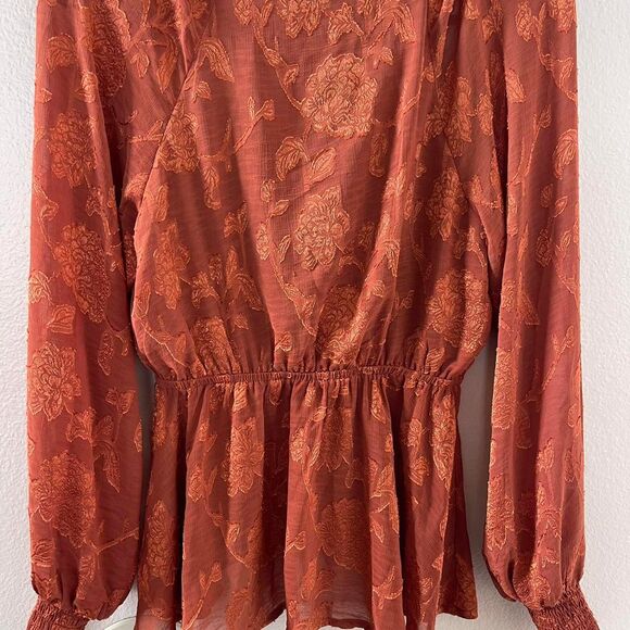 Women's Burnt Orange floral long sleeve blouse with tie front detail XS/S - Picture 6 of 7